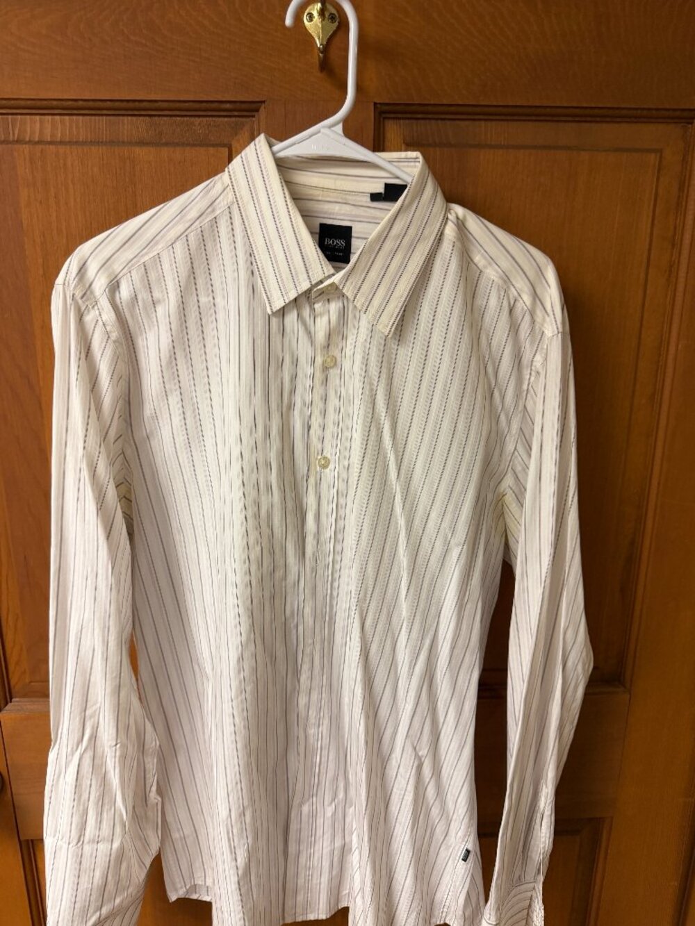 Hugo Boss Men's White & Gray Pinstriped Shirt Size L-Size XL in Good Shape!